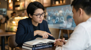 Une personne analysant le langage corporel d'une autre personne pour détecter des mensonges