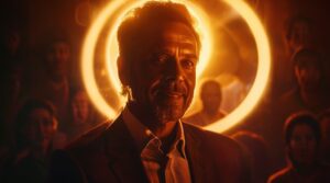 Illustration de l'effet de halo montrant une personne avec une aura positive entourant son visage, symbolisant l'influence de la perception positive sur les jugements globaux.