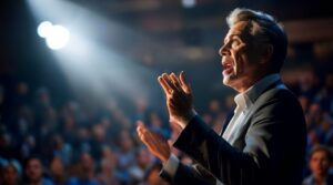 Un orateur captivant un auditoire avec des techniques de persuasion, utilisant le langage corporel et des supports visuels