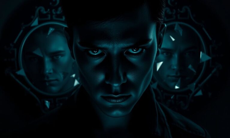 Illustration d'une personne mentant avec des expressions faciales et corporelles révélatrices, entourée de symboles de tromperie et de confusion.