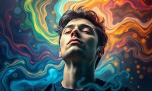 Illustration en 3D des réseaux cérébraux DMN, ECN et ACC sous hypnose, montrant une connectivité modifiée pour stimuler la créativité