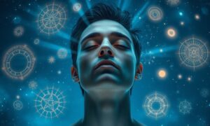 IRM fonctionnelle montrant les zones cérébrales activées ou inhibées pendant une séance d'hypnose ericksonienne, avec des flèches indiquant les changements neurobiologiques clés.